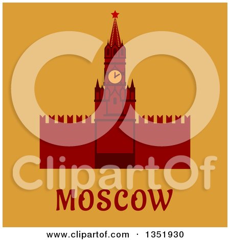 Clipart of a Flat Design of Kremlin Wall Clock Tower with Moscow Text on Orange - Royalty Free Vector Illustration by Vector Tradition SM