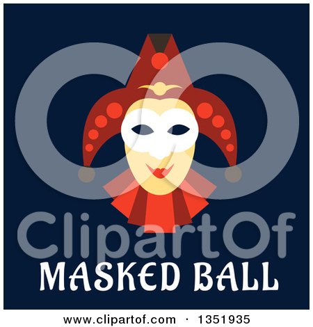 Clipart of a Flat Design Carnival Jester over Masked Ball Text on Blue - Royalty Free Vector Illustration by Vector Tradition SM