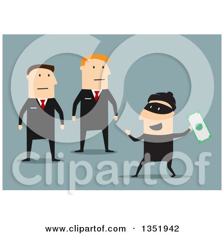 Clipart of Flat Design Caucasian Security Guards Catching a Robber Stealing Money, over Blue - Royalty Free Vector Illustration by Vector Tradition SM