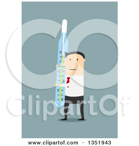 Clipart of a Flat Design White Businessman Holding a Thermometer over Blue - Royalty Free Vector Illustration by Vector Tradition SM