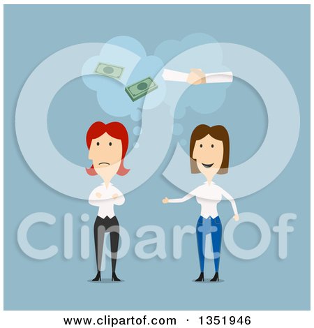 Clipart of Flat Design White Business Women Discussing Partnership over Blue - Royalty Free Vector Illustration by Vector Tradition SM