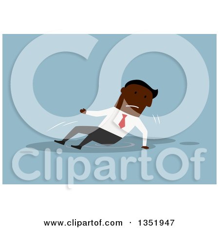 Clipart of a Flat Design Black Business Man Falling in a Puddle over Blue - Royalty Free Vector Illustration by Vector Tradition SM