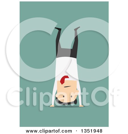 Clipart of a Flat Design White Businessman Doing a Hand Stand over Green - Royalty Free Vector Illustration by Vector Tradition SM