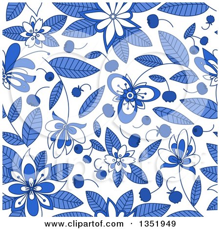 Clipart of a Seamless Background of Flowers, Leaves and Blueberries 2 - Royalty Free Vector Illustration by Vector Tradition SM