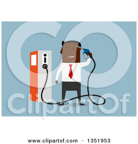 Clipart of a Flat Design Black Businessman Holding a Gas Pump Nozzle, over Blue - Royalty Free Vector Illustration by Vector Tradition SM