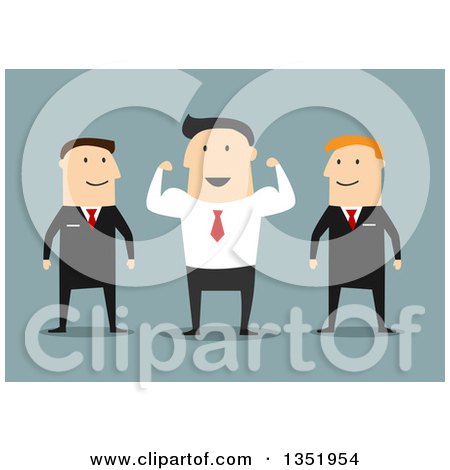 Clipart of a Flat Design White Businessman Flexing His Muscles Between His Guards, over Blue - Royalty Free Vector Illustration by Vector Tradition SM