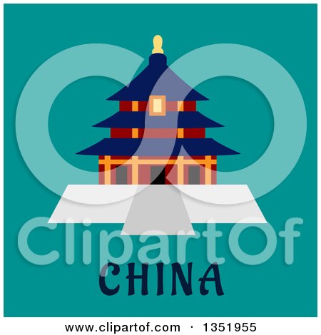 Clipart of a Flat Design Ancient Chinese Temple of Heaven Pagoda over Text on Turquoise - Royalty Free Vector Illustration by Vector Tradition SM