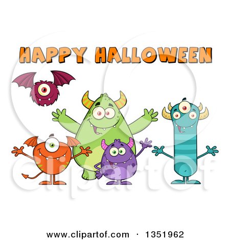Clipart of a Group of Welcoming Monsters Under Happy Halloween Text - Royalty Free Vector Illustration by Hit Toon