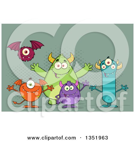 Clipart of a Group of Welcoming Monsters over Green - Royalty Free Vector Illustration by Hit Toon