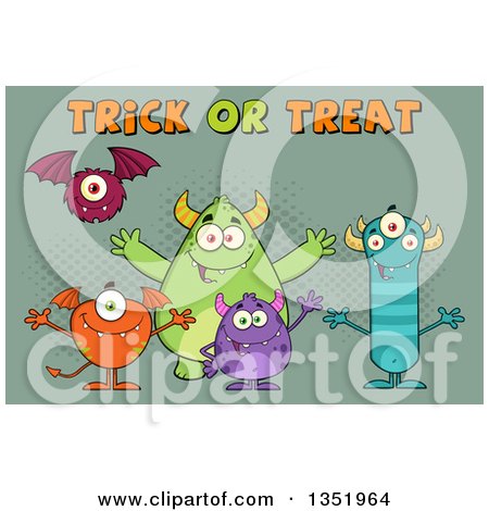 Clipart of a Group of Welcoming Monsters with Trick or Treat Halloween Text over Green - Royalty Free Vector Illustration by Hit Toon