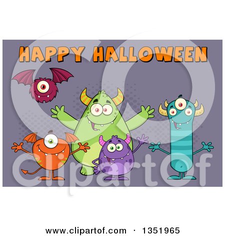 Clipart of a Group of Welcoming Monsters Under Happy Halloween Text over Purple - Royalty Free Vector Illustration by Hit Toon