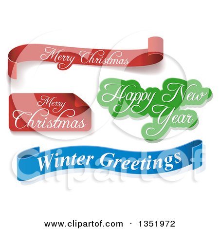 Clipart of Red Green and Blue Christmas Greeting Banners over Shaded White - Royalty Free Vector Illustration by dero