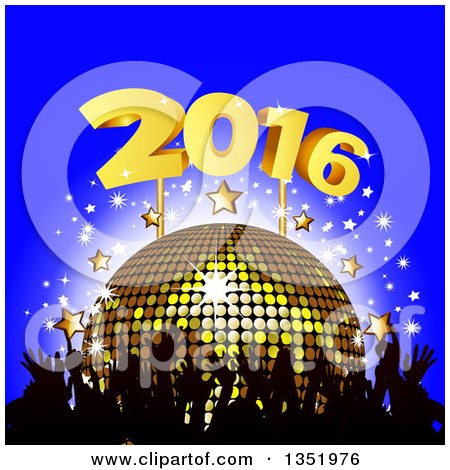 Clipart of a Silhouetted Crowd of Hands over a 3d Gold Disco Ball, Stars and New Year 2016 on Blue - Royalty Free Vector Illustration by elaineitalia