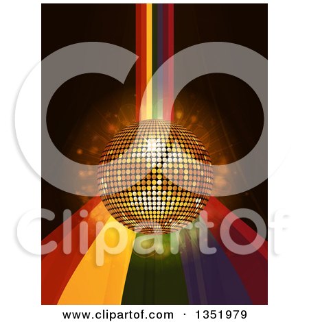 Clipart of a 3d Gold Disco Ball over a Rainbow Cuve and Flares on Black - Royalty Free Vector Illustration by elaineitalia