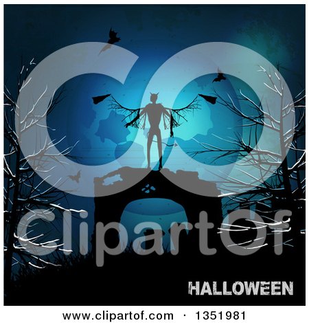 Clipart of a Halloween Background of a Silhouetted Devil in a Cemetery with Vampire Bats and Bare Trees Against a Blue Full Moon with Grungy Text - Royalty Free Vector Illustration by elaineitalia