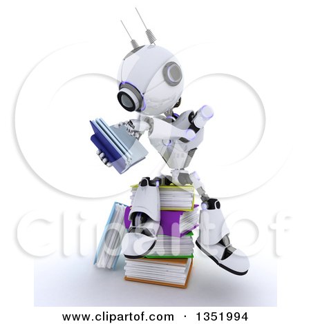 Clipart of a 3d Futuristic Robot Reading and Sitting on a Stack of Colorful Books, on a Shaded White Background - Royalty Free Illustration by KJ Pargeter