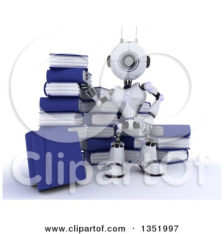 Clipart of a 3d Futuristic Robot Standing and Surrounded by Books, on a Shaded White Background - Royalty Free Illustration by KJ Pargeter