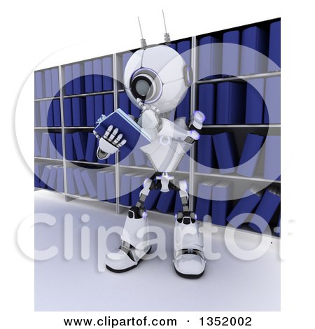 Clipart of a 3d Futuristic Robot Reading a Book and Thinking Against Library Shelves, on a Shaded White Background - Royalty Free Illustration by KJ Pargeter