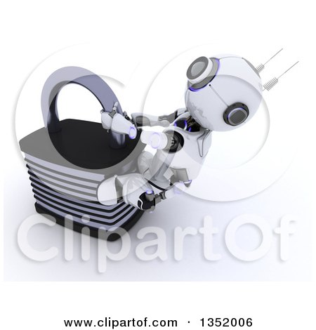 Clipart of a 3d Futuristic Robot Struggling to Open a Padlock, on a Shaded White Background - Royalty Free Illustration by KJ Pargeter