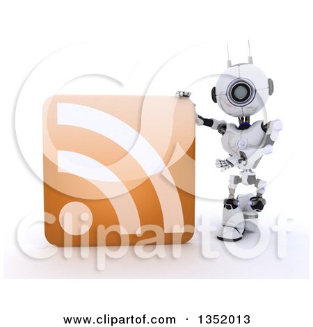 Clipart of a 3d Futuristic Robot Presenting an Orange RSS Symbol Icon, on a Shaded White Background - Royalty Free Illustration by KJ Pargeter