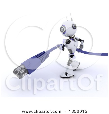 Clipart of a 3d Futuristic Robot Carrying a Giant RJ45 Data Cable, on a Shaded White Background - Royalty Free Illustration by KJ Pargeter