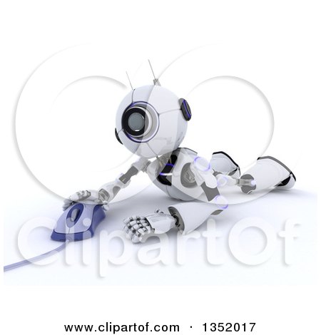 Clipart of a 3d Futuristic Robot Laying on the Floor and Using a Computer Mouse, on a Shaded White Background - Royalty Free Illustration by KJ Pargeter