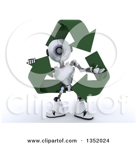 Clipart of a 3d Futuristic Robot in a Triangle of Recycle Arrows, on a Shaded White Background - Royalty Free Illustration by KJ Pargeter