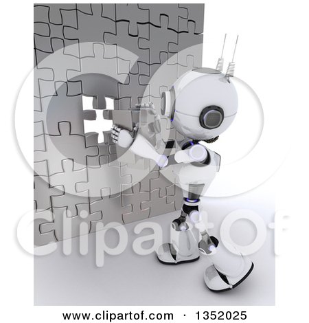 Clipart of a 3d Futuristic Robot Inserting the Last Piece of a Silver Puzzle Wall, on a Shaded White Background - Royalty Free Illustration by KJ Pargeter