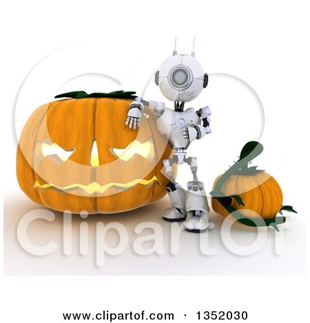 Clipart of a 3d Futuristic Robot Leaning Against a Giant Halloween Jackolantern Pumpkin, on a Shaded White Background - Royalty Free Illustration by KJ Pargeter