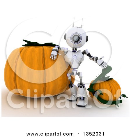 Clipart of a 3d Futuristic Robot Leaning Against and Presenting Halloween Pumpkins, on a Shaded White Background - Royalty Free Illustration by KJ Pargeter