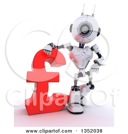 Clipart of a 3d Futuristic Robot Resting an Arm on and Presenting a Red Lira Pound Currency Symbol, on a Shaded White Background - Royalty Free Illustration by KJ Pargeter