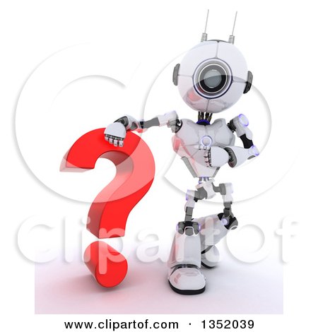 Clipart of a 3d Futuristic Robot Resting an Arm on and Pointing to a Red Question Mark, on a Shaded White Background - Royalty Free Illustration by KJ Pargeter