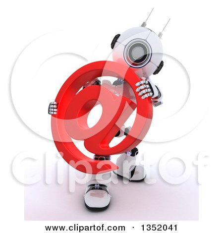 Clipart of a 3d Futuristic Robot Holding a Red Email Arobase at Symbol, on a Shaded White Background - Royalty Free Illustration by KJ Pargeter