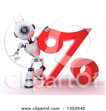 Clipart of a 3d Futuristic Robot Resting an Arm on and Presenting a Percent Symbol, on a Shaded White Background - Royalty Free Illustration by KJ Pargeter