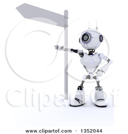 Clipart of a 3d Futuristic Robot Pointing Under a Directional Street Sign, on a Shaded White Background - Royalty Free Illustration by KJ Pargeter