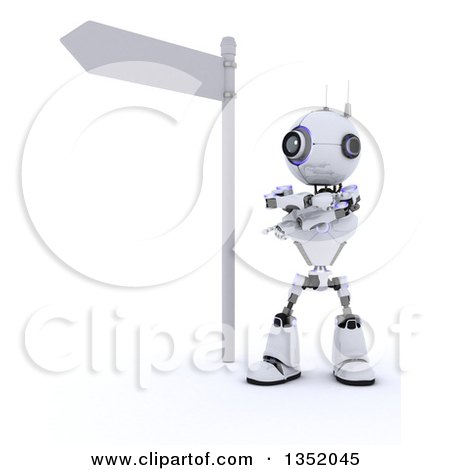 Clipart of a 3d Futuristic Robot Pointing Different Ways Under a Directional Street Sign, on a Shaded White Background - Royalty Free Illustration by KJ Pargeter