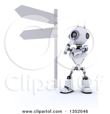 Clipart of a 3d Futuristic Robot Thinking by a Directional Street Sign, on a Shaded White Background - Royalty Free Illustration by KJ Pargeter