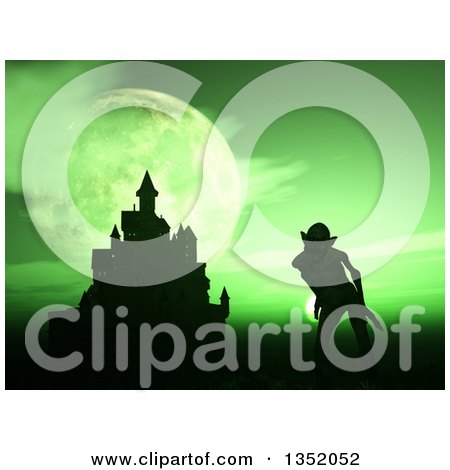 Clipart of a 3d Silhouetted Demon by a Castle Against a Green Night Sky and Full Moon - Royalty Free Illustration by KJ Pargeter