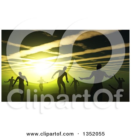 Clipart of a Background of 3d Silhouetted Zombies Wandering Under a Spooky Green Sky - Royalty Free Illustration by KJ Pargeter