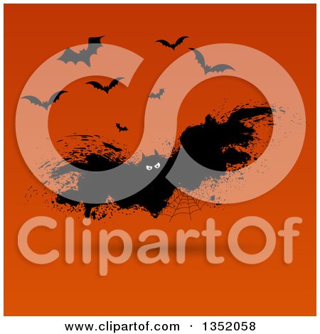 Clipart of a Grungy Halloween Spider Web Vampire Bat over Orange - Royalty Free Vector Illustration by KJ Pargeter
