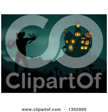 Clipart of a Silhouetted Haunted Halloween Castle over a Demon in a Cemetery - Royalty Free Vector Illustration by KJ Pargeter
