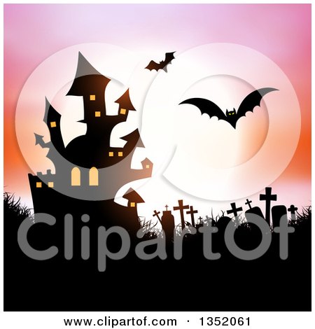 Silhouetted Haunted Halloween Castle, Flying Bats and Cemetery Against a Full Moon with a Pink and Orange Sky Posters, Art Prints