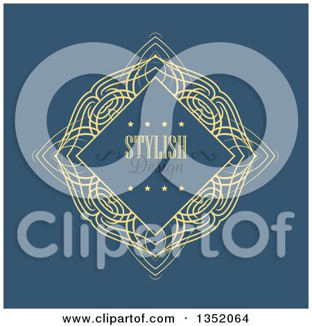 Clipart of a Vintage Yellow Swirl Diamond Frame with Stylish Design Text and Stars over Blue - Royalty Free Vector Illustration by KJ Pargeter