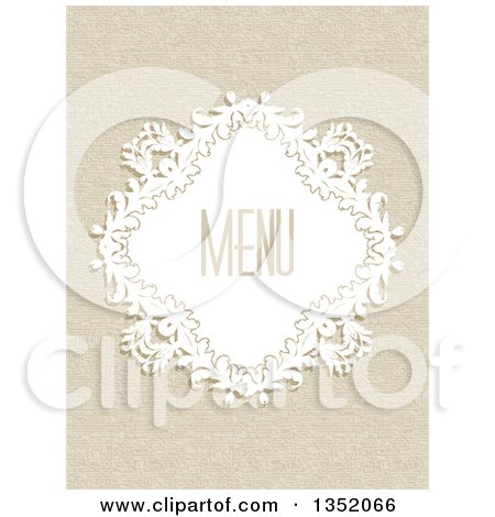 Clipart of a White Floral Diamond Frame with Menu Text over a Canvas Texture - Royalty Free Vector Illustration by KJ Pargeter