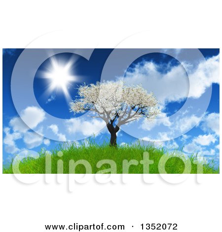 Clipart of a 3d Apple Tree with Spring Time Blossoms on a Hill Against a Blue Sky with Clouds and Sunshine - Royalty Free Illustration by KJ Pargeter