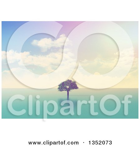 Clipart of a 3d Lone Tree out in the Ocean, with Vintage Effect - Royalty Free Illustration by KJ Pargeter