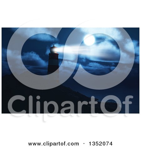 Clipart of a 3d Coastal Lighthouse Shining Its Beacon over a Dark Stormy Night - Royalty Free Illustration by KJ Pargeter