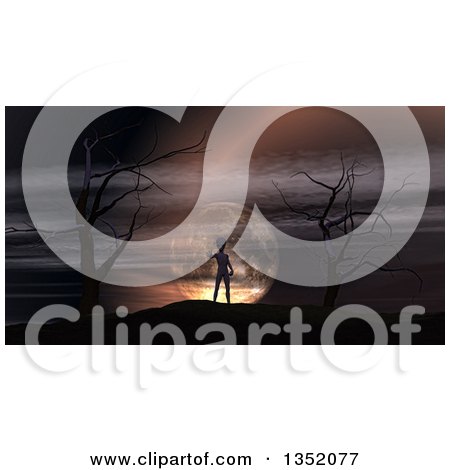 Clipart of a 3d Silhouetted Alien Being Reaching out on a Hill Top with Bare Trees Against a Full Moon - Royalty Free Illustration by KJ Pargeter