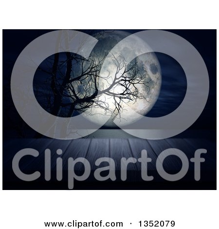 Clipart of a 3d Full Moon and Bare Trees over the Ocean and Deck - Royalty Free Illustration by KJ Pargeter