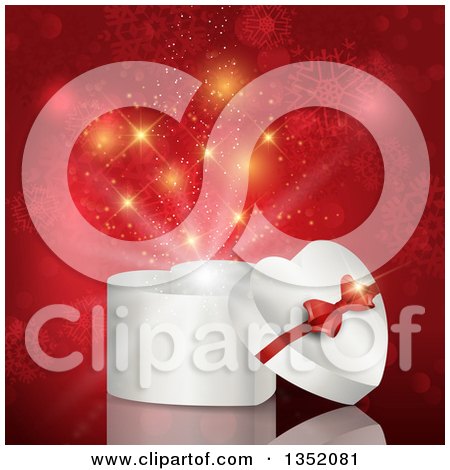 Clipart of a 3d White Heart Shaped Valentines Day, Christmas or Anniversary Gift Box over Gold Sparkles and Snowflakes on Red - Royalty Free Vector Illustration by KJ Pargeter